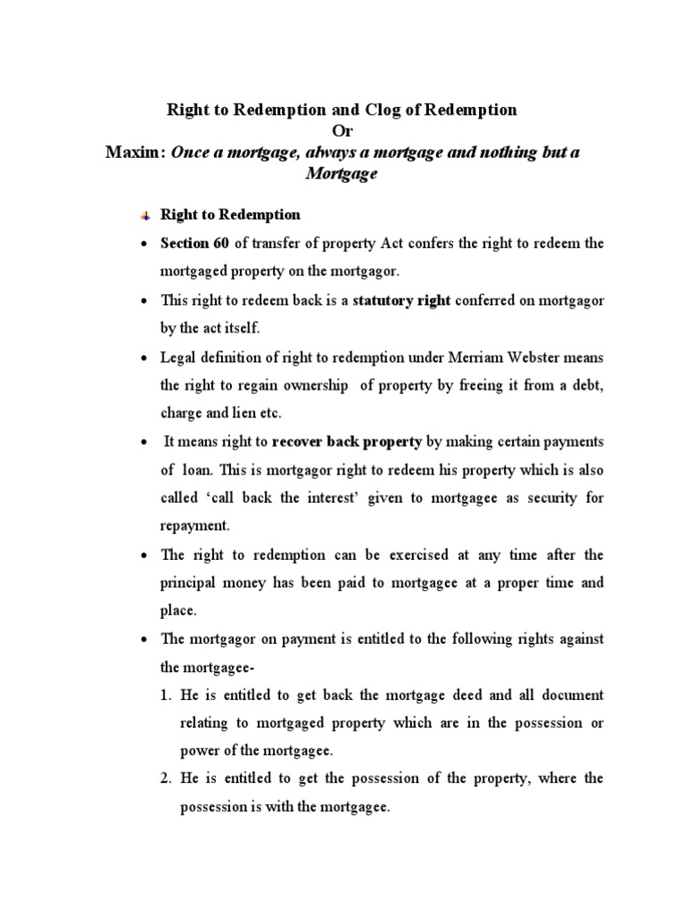 Right To Redemption and Clog of Redemption PDF Mortgage Law