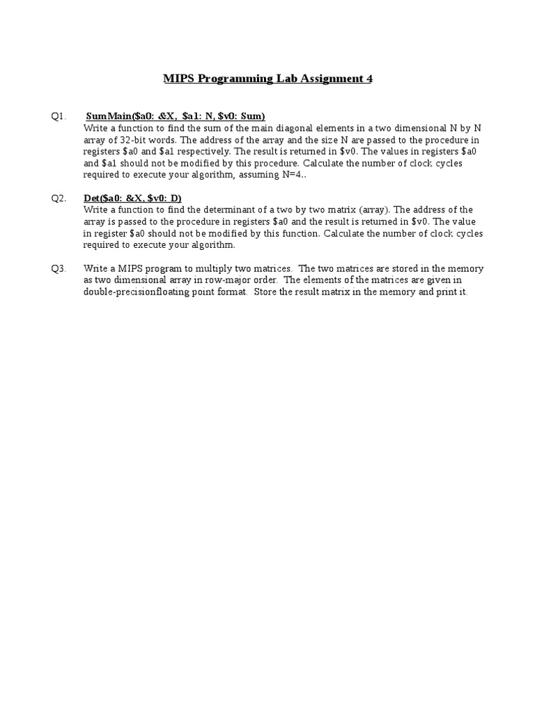 Mips Programming Lab Assignment 4 Det A0 X V0 D Pdf