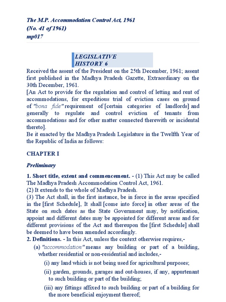 The M.P. Accommodation Control Act, 1961 | PDF | Lease | Leasehold Estate