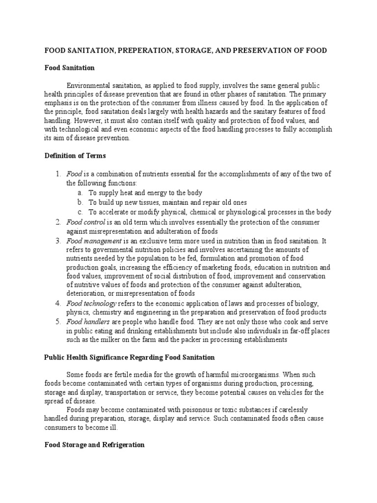 Food Sanitation, On Storage, and Preservation of Food PDF Food And