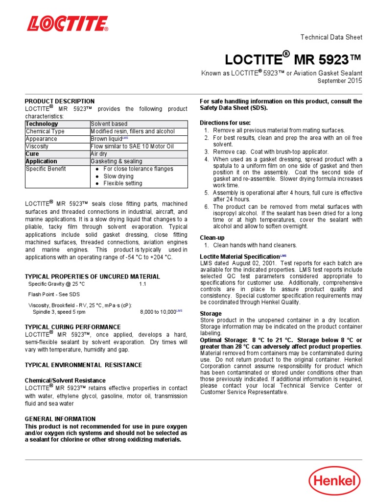 Loctite MR 5923™: Technical Data Sheet | PDF | Motor Oil | Disclaimer