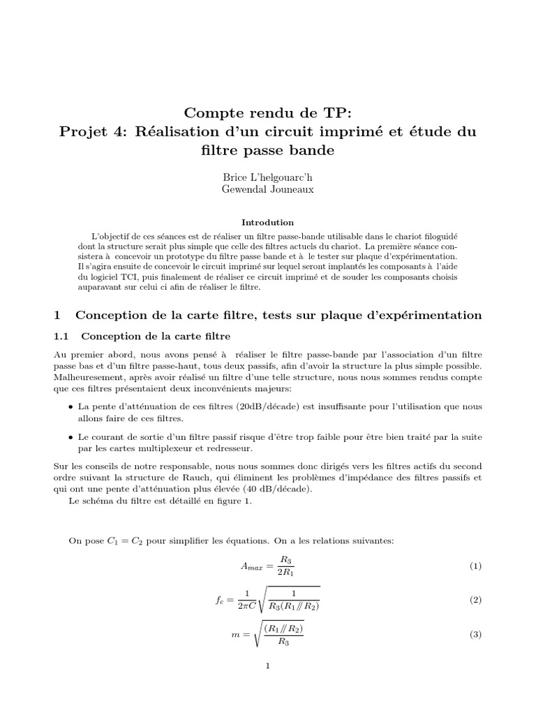 Compte Rendu De Tp Projet 4 R Ealisation D Un Circuit Imprim Eet Etude Du Filtre Passe Bande Filtre Electronique Electrotechnique