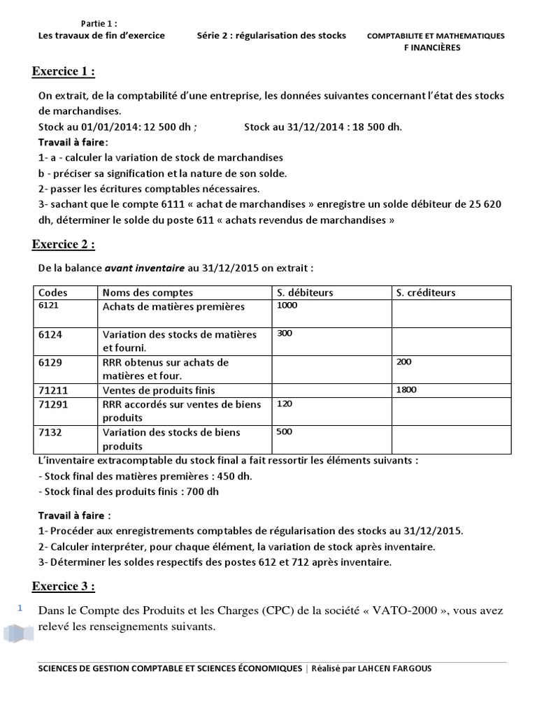 Régularisation Des Charges Et Produits Exercices Corrigés Pdf Série D - Exercice 2 Régularisation Des Stocks | PDF | Comptabilité |  Inventaire