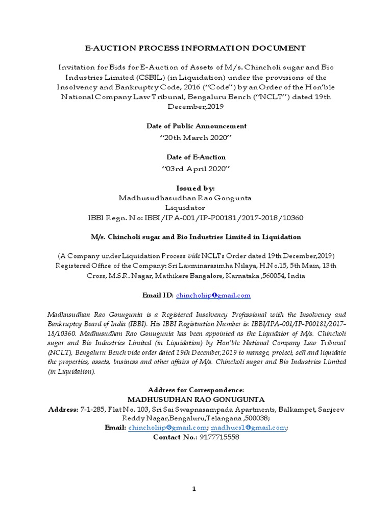 EAuction Document of Chincholi Sugar and Bio Industries Limited PDF PDF Bankruptcy
