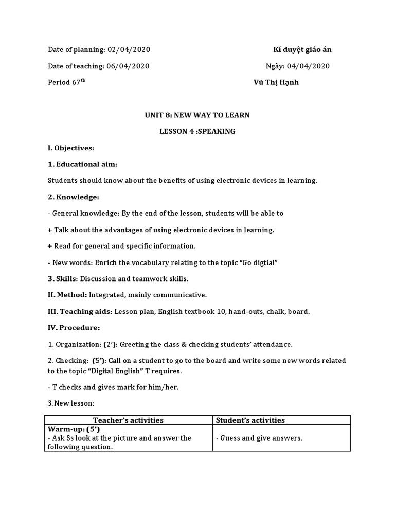 Unit 8 - Speaking - New Way To Learn - E10 | PDF | Lesson Plan | Learning