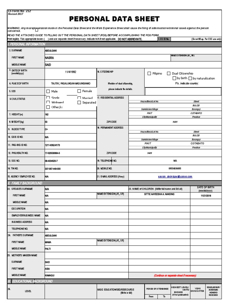 Personal Data Sheet Template | PDF | Government Information | Government