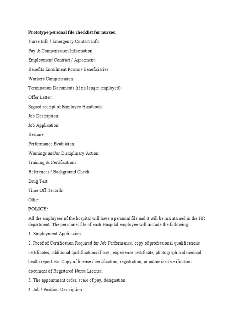 Nurse Personal File Checklist | PDF | Performance Appraisal | Employment