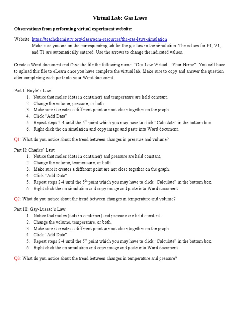 Virtual Lab Gas Laws Simulation Instructions PDF
