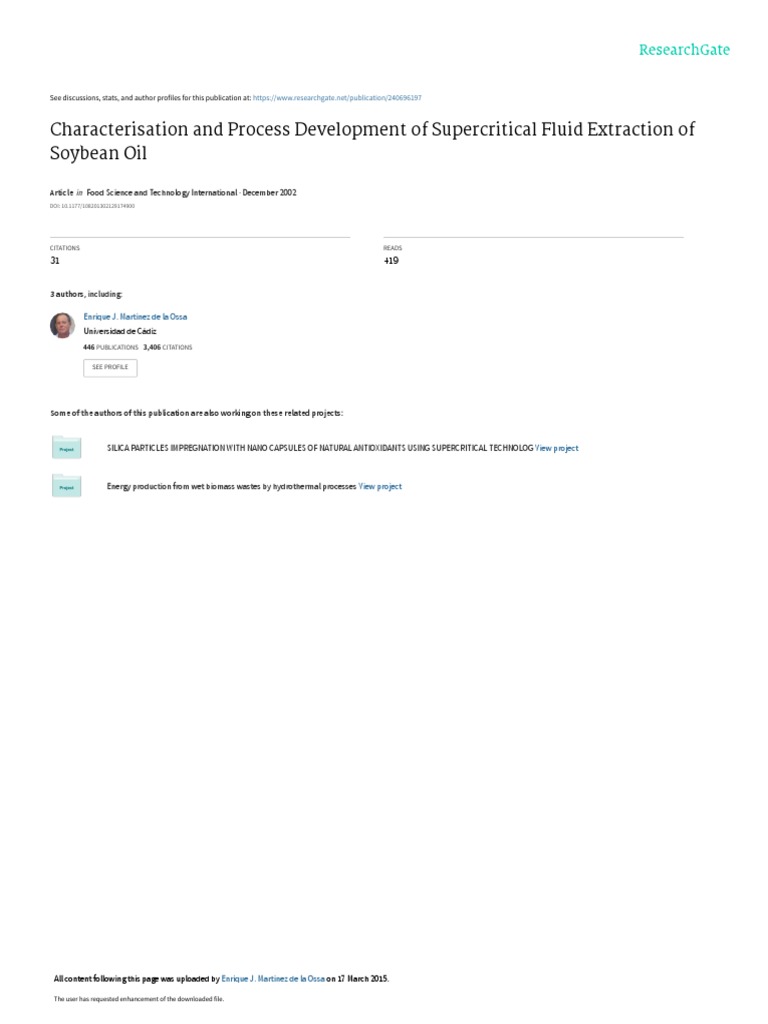 Characterisation and Process Development of Supercritical Fluid Extraction of Soybean Oil PDF