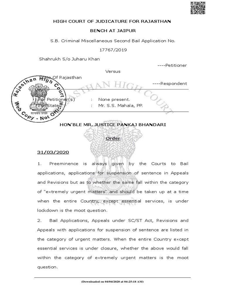 Rajasthan High Court Order On Bail During Lockdown PDF Bail