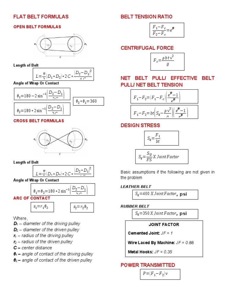 Flat Belt Formulas Belt Tension Ratio PDF Belt (Mechanical