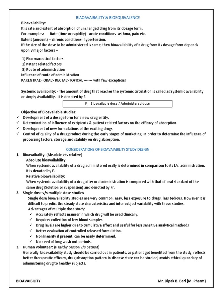 Bioavailability and Bioequivalence Overview | PDF | Bioavailability ...