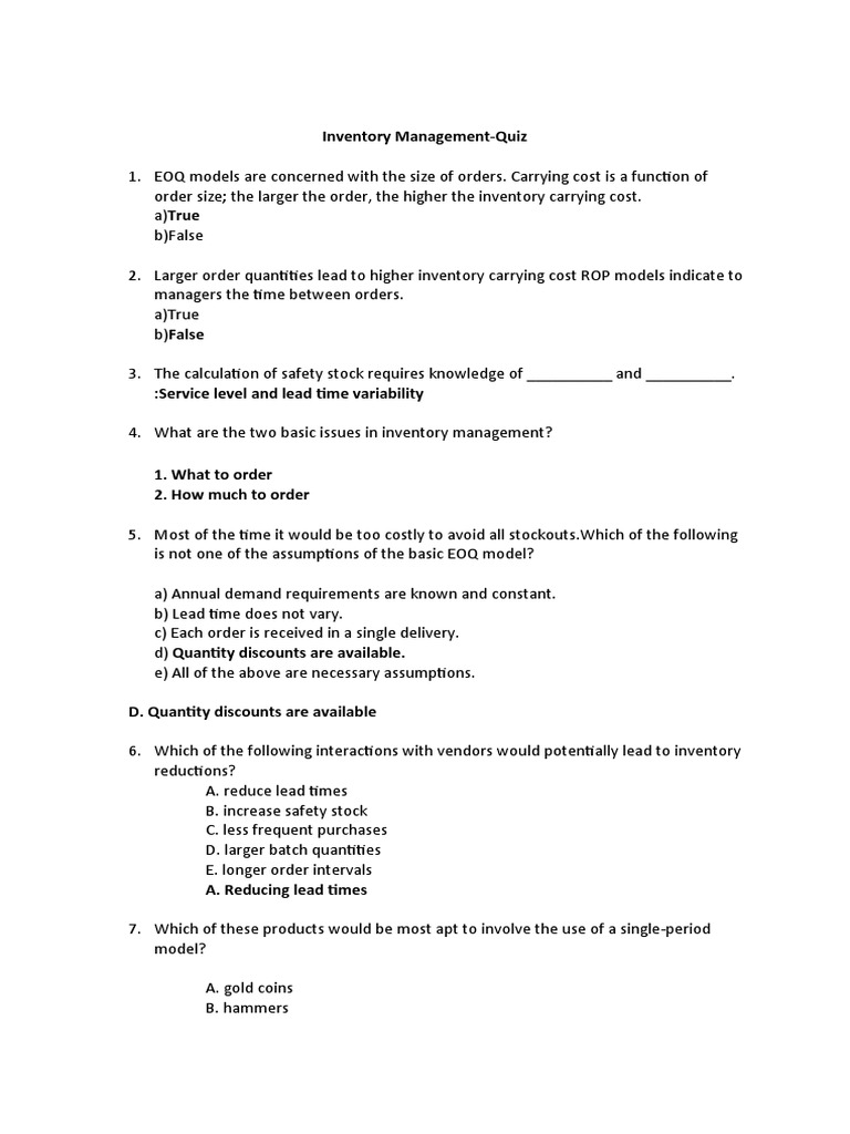 Inventory Management Quiz PDF Inventory Business Process Management