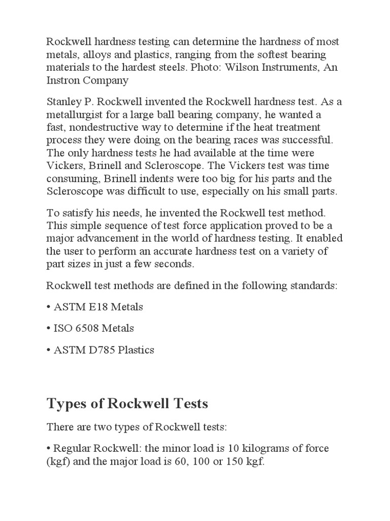 Types of Rockwell Tests | PDF | Hardness | Materials Science
