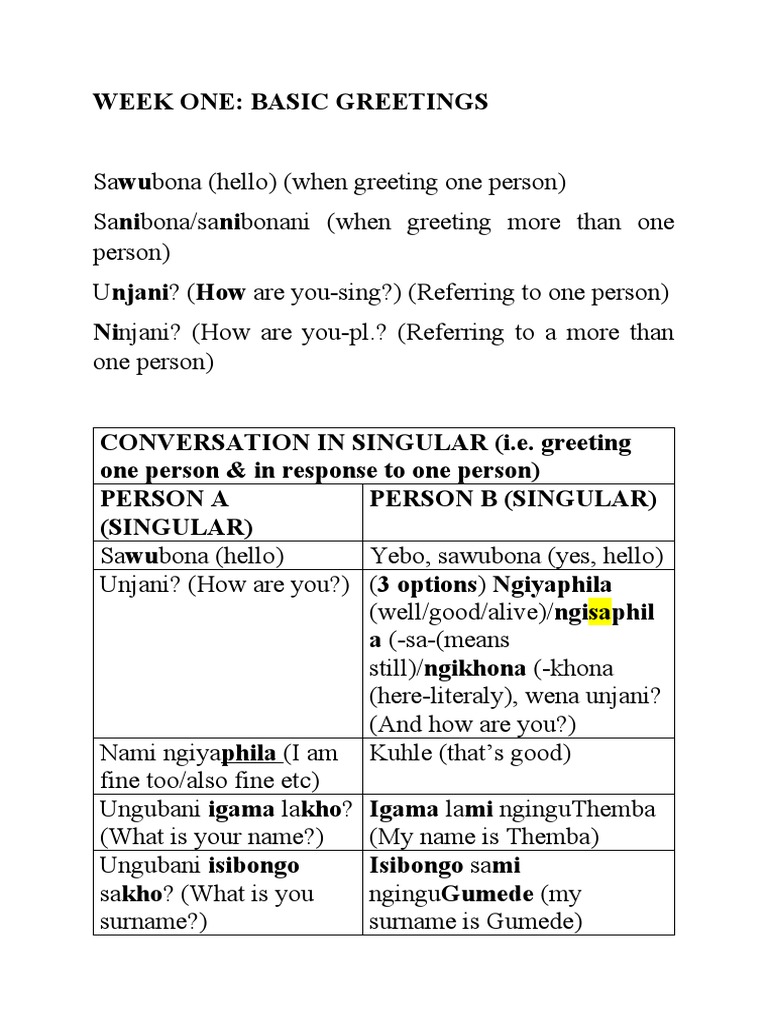 BASIC GREETINGS in Zulu PDF
