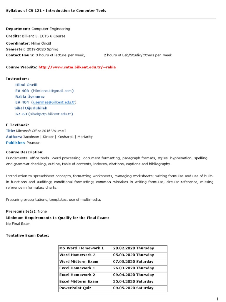 CS 121 Syllabus: Microsoft Office Tools | PDF | Worksheet | Microsoft Excel