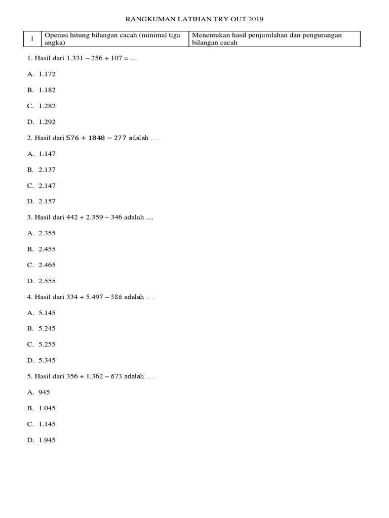 Rangkuman Latihan Try Out Mtk 2019 Pdf