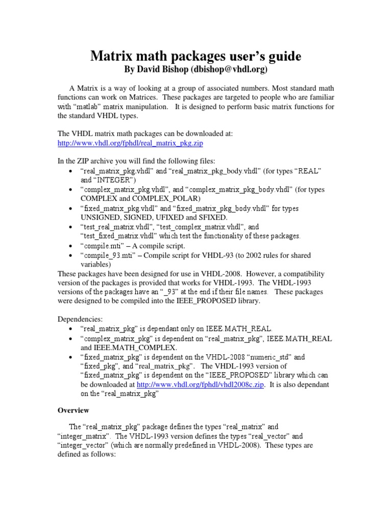 VHDL Matrix Math Packages Guide | PDF | Matrix (Mathematics) | Vhdl