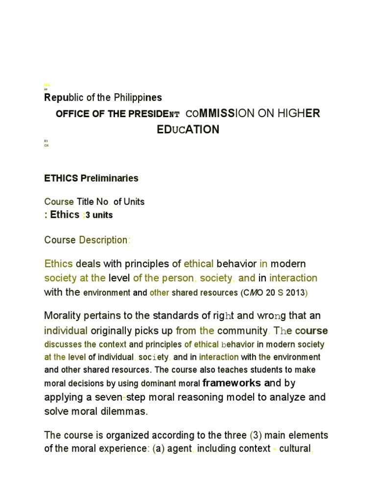 CHED Ethics Course Syllabus | PDF | Virtue Ethics | Morality