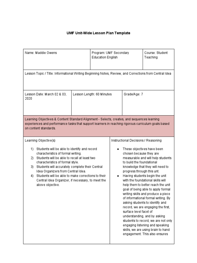 UMF Unit-Wide Lesson Plan Template | PDF | Lesson Plan | Semiotics