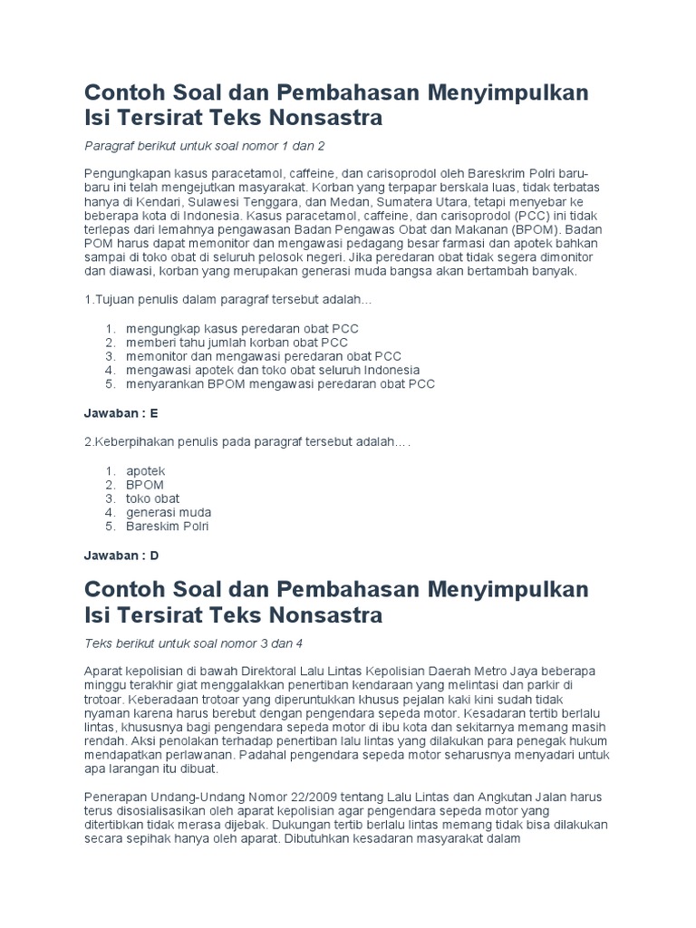 Contoh Soal Dan Pembahasan Menyimpulkan Isi Tersirat Dalam Teks Nonsastra Ops Sekolah Kita