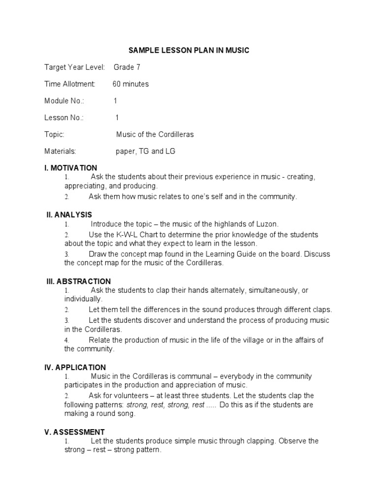 Grade 7 Music Lesson Plan: Cordilleras | PDF | Lesson Plan | Teachers