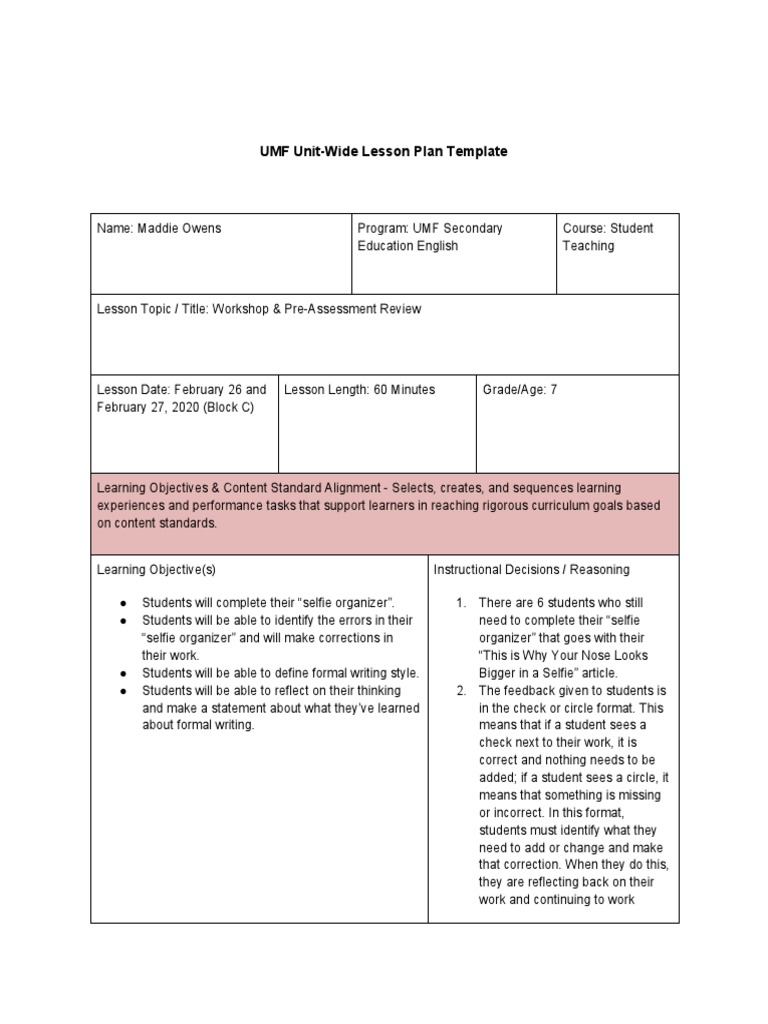 UMF Unit-Wide Lesson Plan Template | PDF | Lesson Plan | Differentiated ...