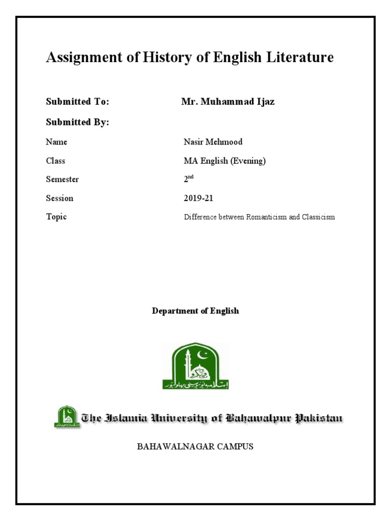 Assignment Of History Of English Literature Submitted To Mr Muhammad Ijaz Submitted By