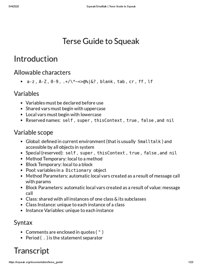 Squeak - Smalltalk - Terse Guide To Squeak PDF | PDF | Parameter ...
