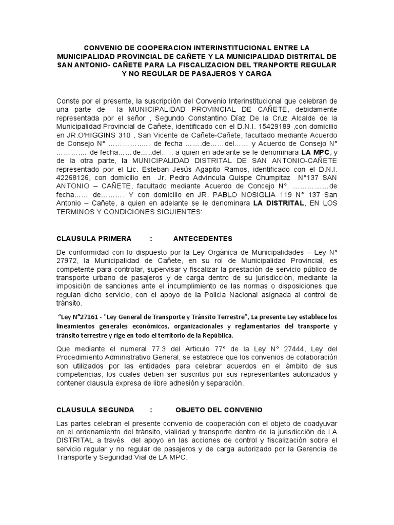 Convenio de Cooperacion Interinstitucional Entre La Municipalidad ...