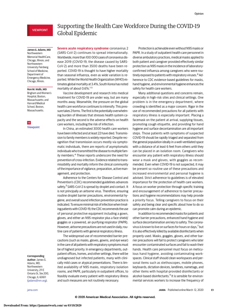 Supporting The Health Care Workforce During The Covid 19 Global Epidemic Public Health Medical