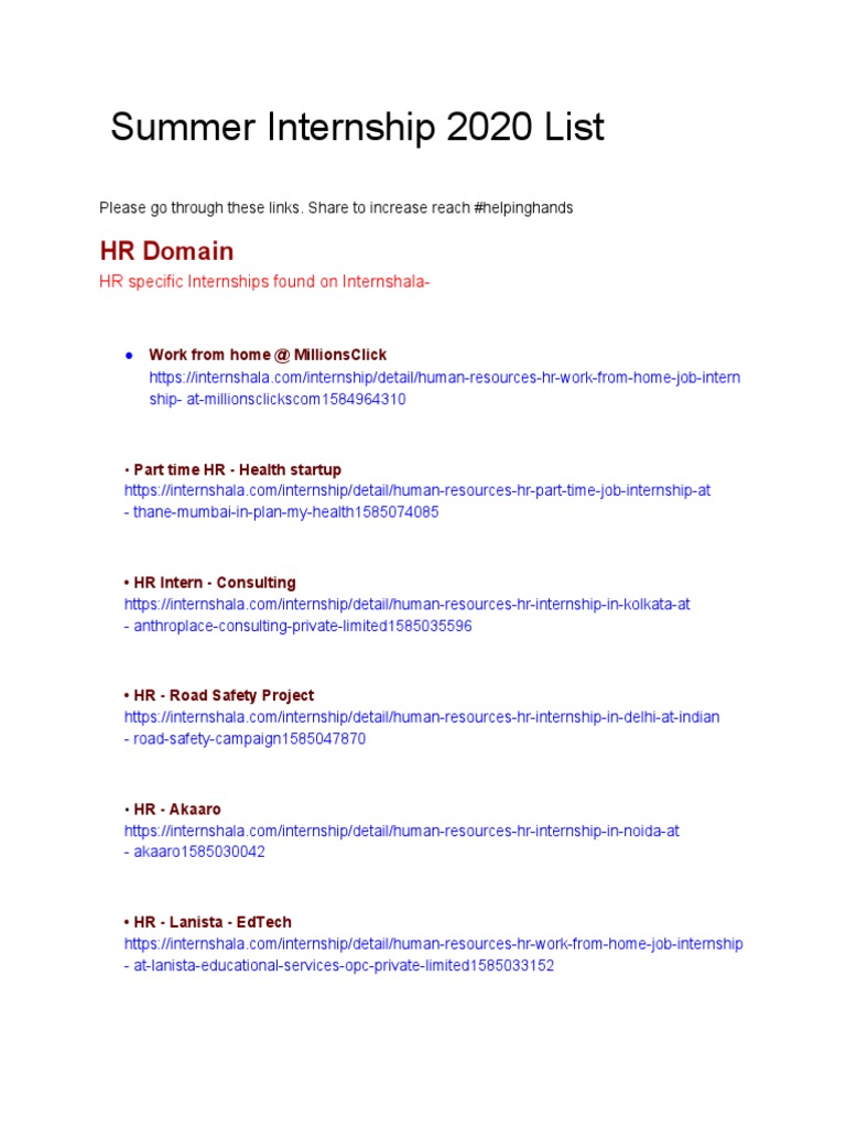 Summer Internship 2020 List: HR Domain | PDF | Economies | Business
