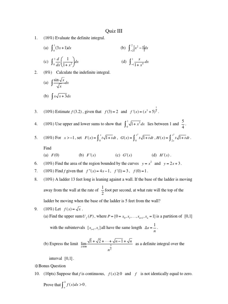Calculus Quiz: Integrals and Rates | PDF | Integral | Mathematical Concepts