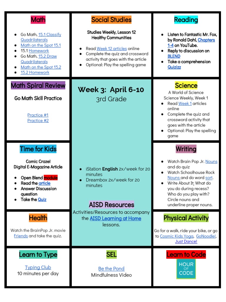 3rd Grade Weekly Learning Activities | PDF | Learning