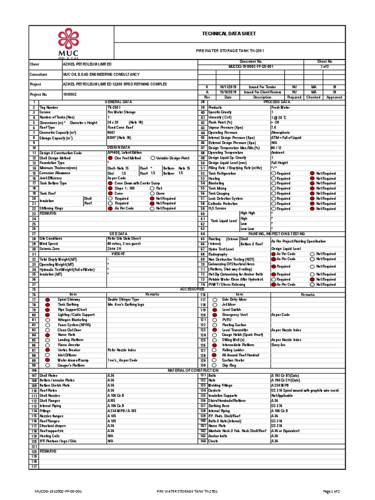 Storage Tank Data Sheet PDF Pressure Pipe (Fluid Conveyance)