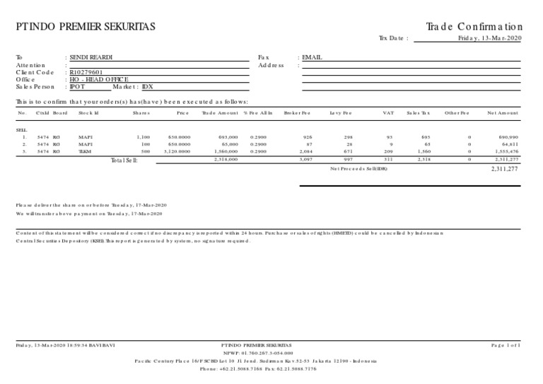 Trade Confirmation for PT Indo Premier | PDF | Financial Markets ...