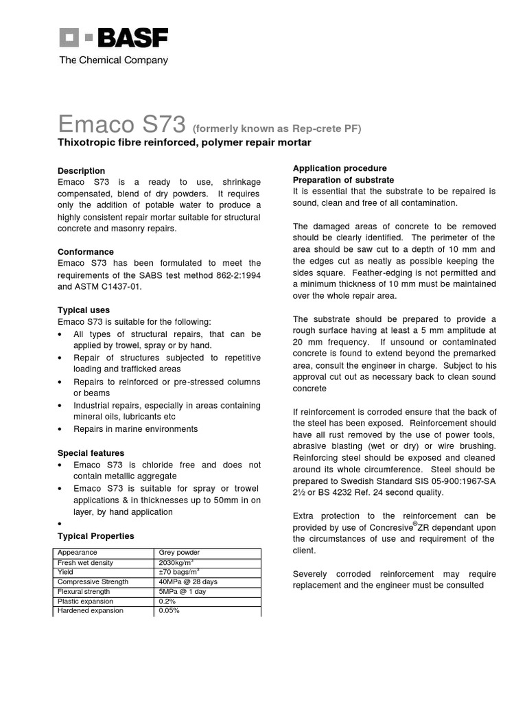 Emaco S73: Thixotropic Fibre Reinforced, Polymer Repair Mortar | PDF ...