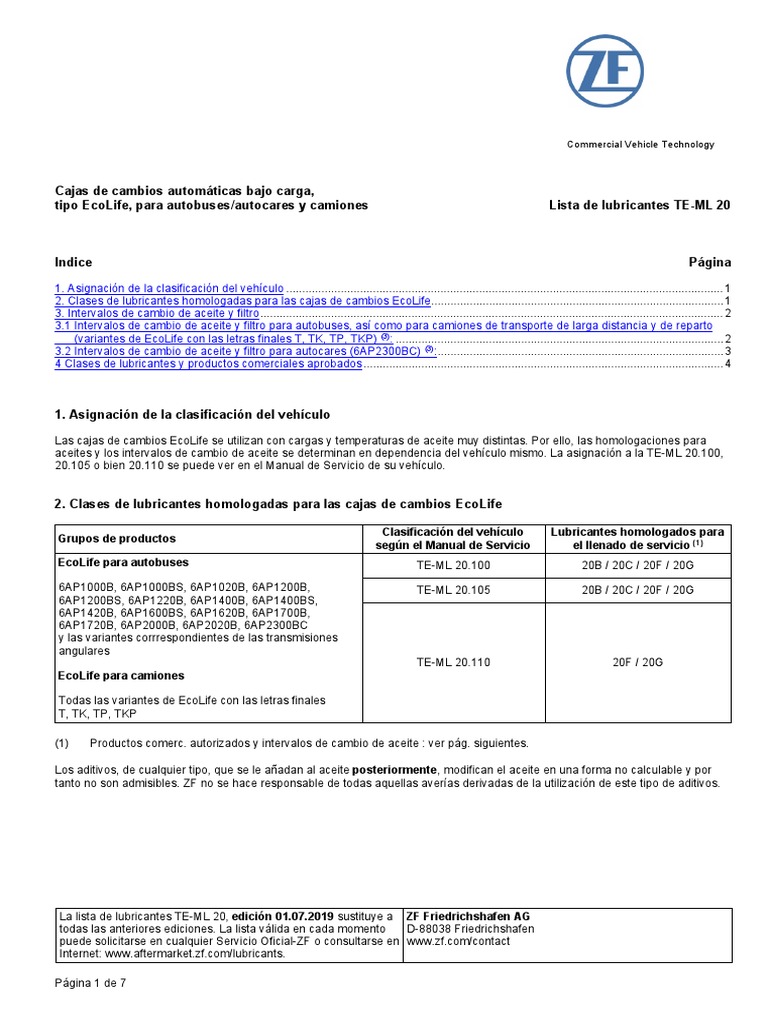 ZF Ecolife TE-ML 20 01-07-2019 | PDF | Lubricante | Transmisión (Mecánica)