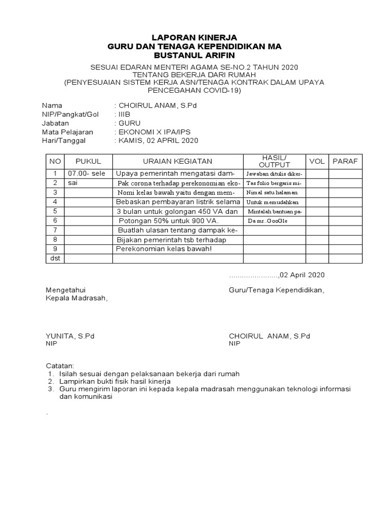 1 Format Laporan Kinerja Guru Dan Pegawai Docx