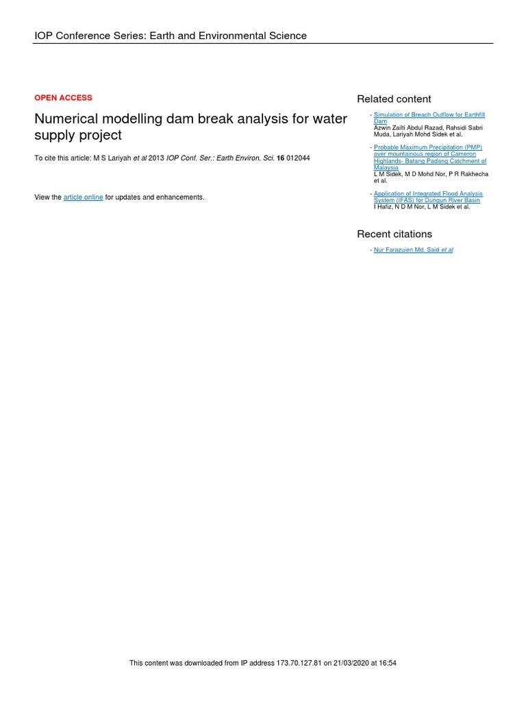 Numerical Modelling Dam Break Analysis For Water Supply Project | PDF ...