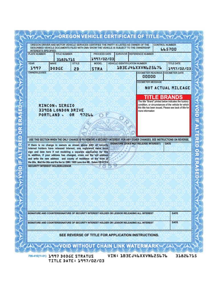 Oregon Vehicle Certificate of Title: Stra 1B3EJ46XXVN625676 2D | PDF |  Department Of Motor Vehicles | Notary Public