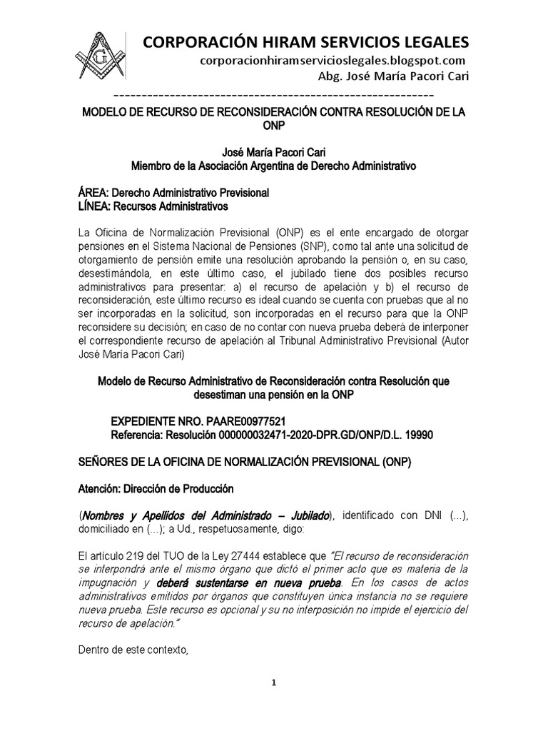 Modelo Recurso Reconsideracion Onp - Autor José María Pacori Cari | PDF |  Apelación | Esfera pública