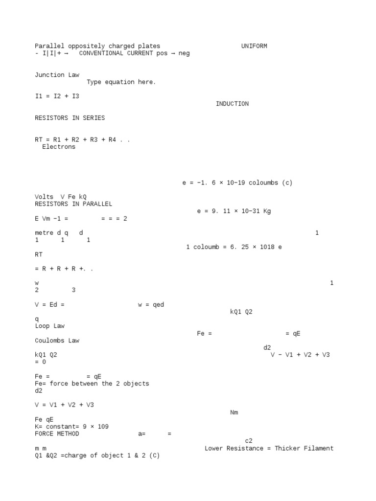 Electricity and Formula Sheet Study Guide Physics A PDF