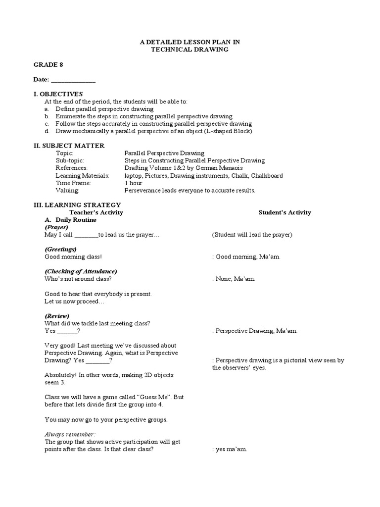 A Detailed Lesson Plan in Technical Drawing Grade 8 Date I. Objectives PDF Perspective
