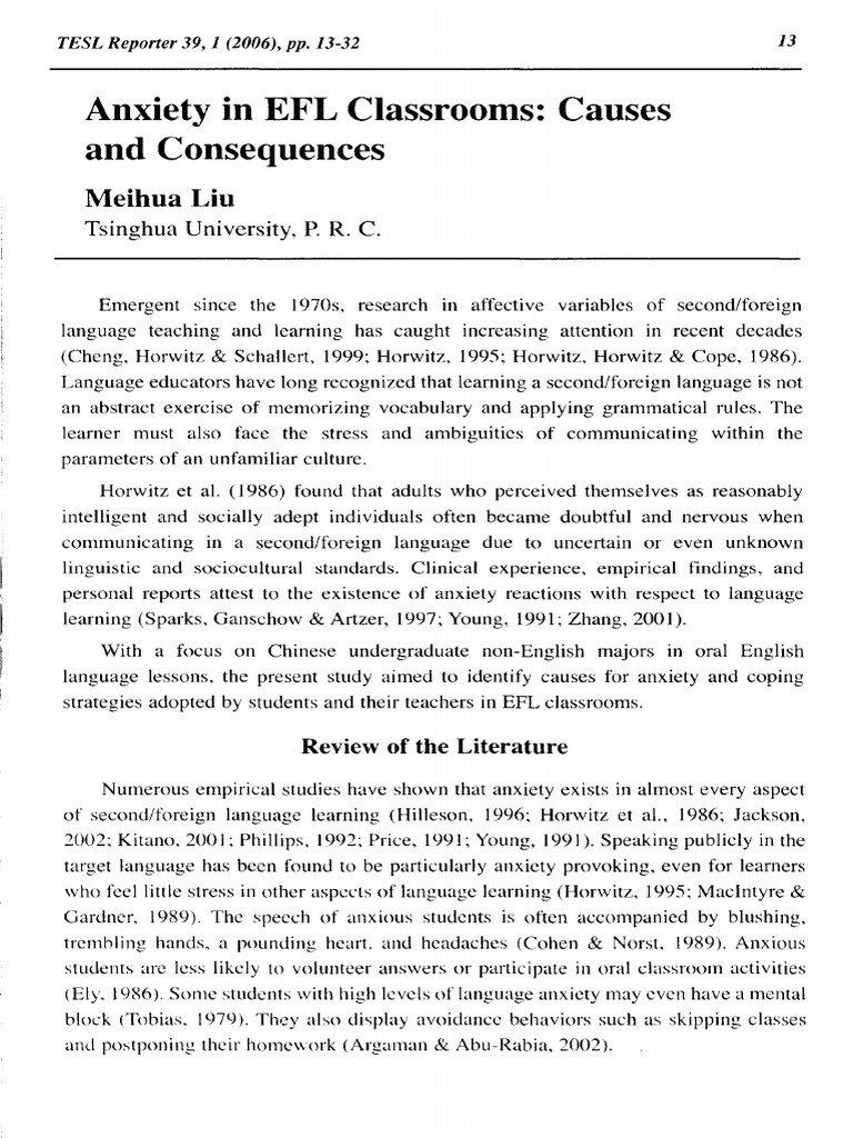 Causes of Anxiety in EFL Classrooms | PDF | English As A Second Or ...