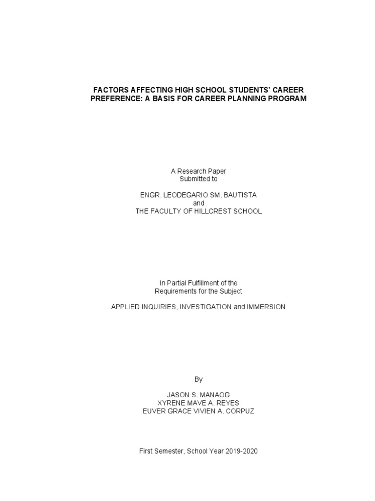 Factors Affecting High School Students Career Preference (Group 4 - Jex ...