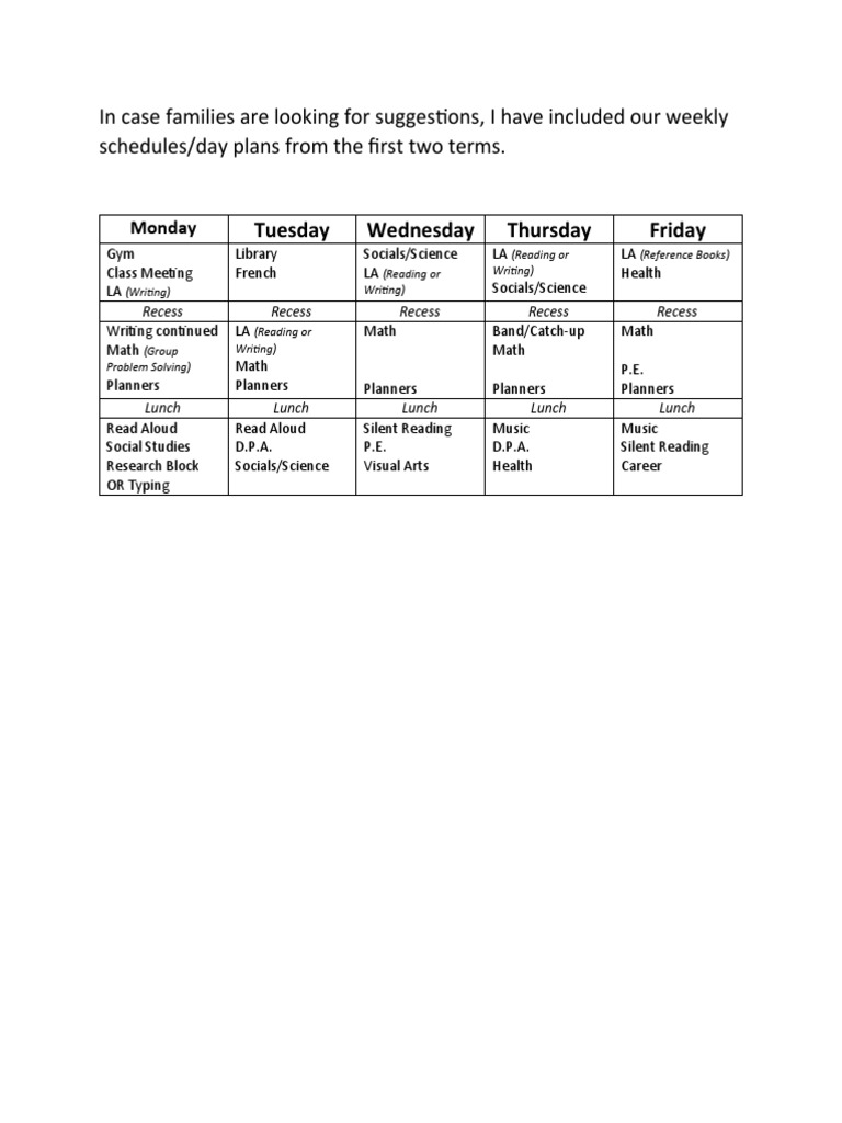 Weekly Class Schedules for Families | PDF | Language Arts & Discipline ...