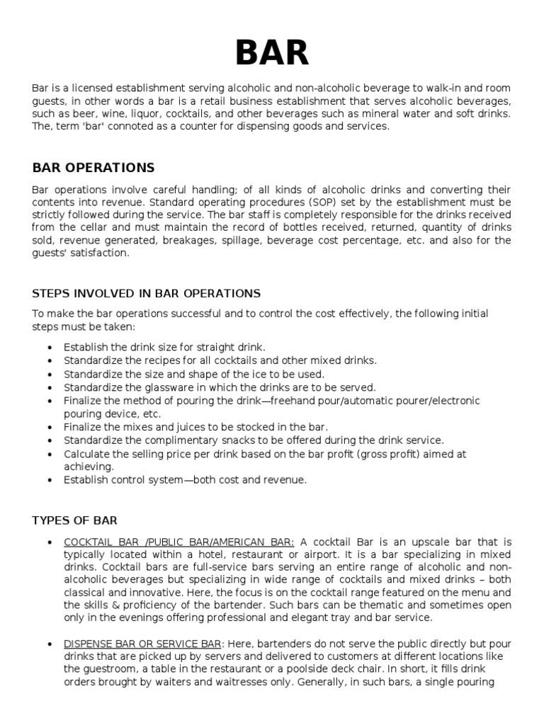 Steps Involved in Bar Operations PDF Bar Drink