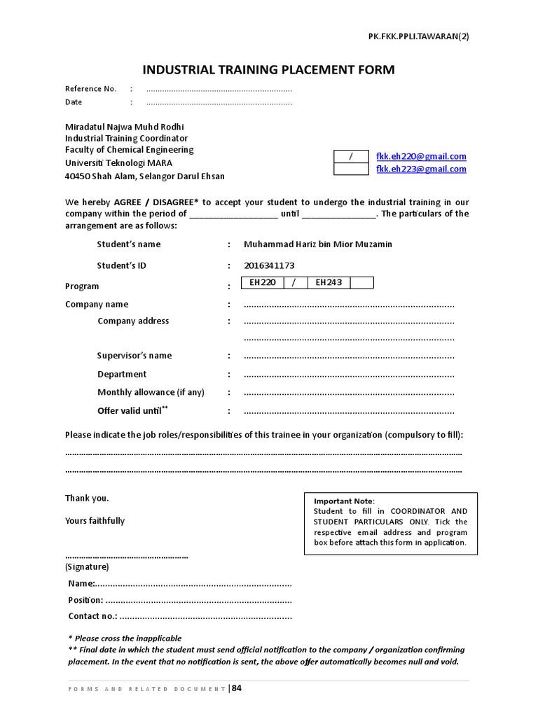 Industrial Training Placement Agreement | PDF | Email | Computing And ...