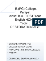 I.B. (PG) College, Panipat Class: B.A. FIRST Year English HONS. Topic: Restoration Age